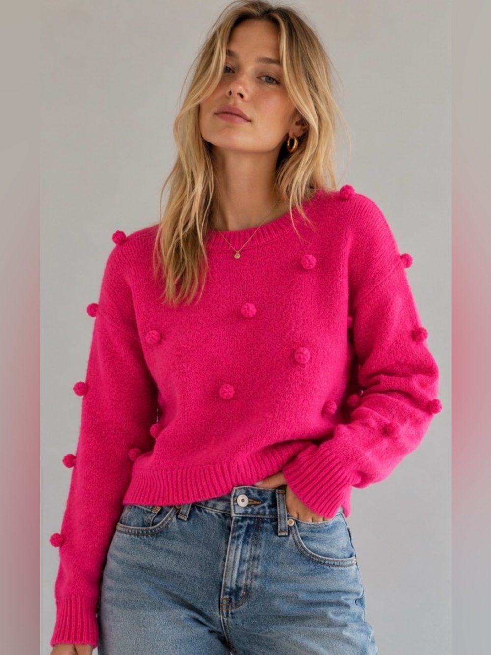 LOLA STUDIO Soft Knit Sweater Pink Long Sleeved Pom Pom Detail Size Small